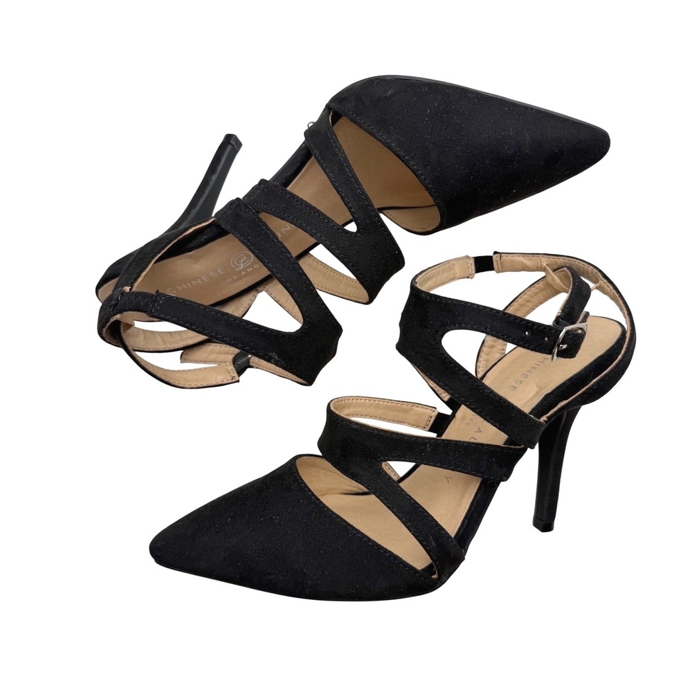 Chinese Laundry Strappy Heels Pointed Toe Stiletto Black Suede Goth Chic Size 6